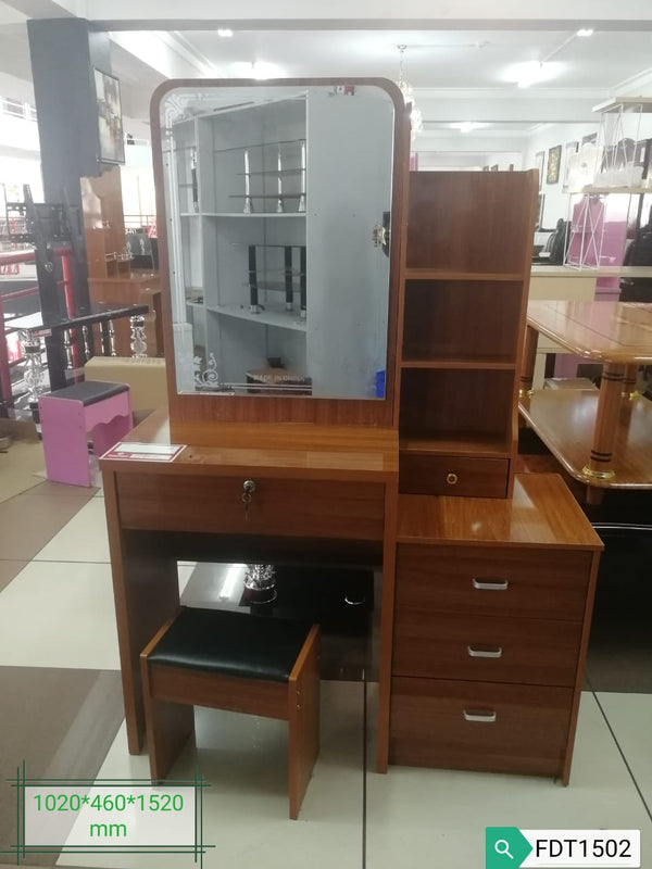 Brown Wooden Vanity Dressing Table with Mirror and Stool