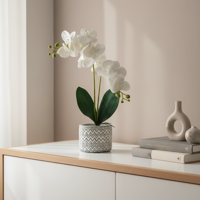 Ceramic vase with artificial orchid flower for home and office décor