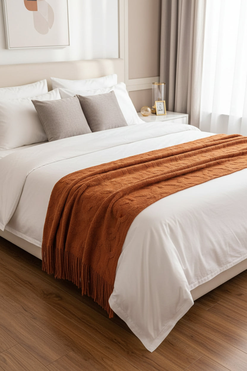 Nordic style knitted sofa throw blanket with tassels in 130 × 180cm.