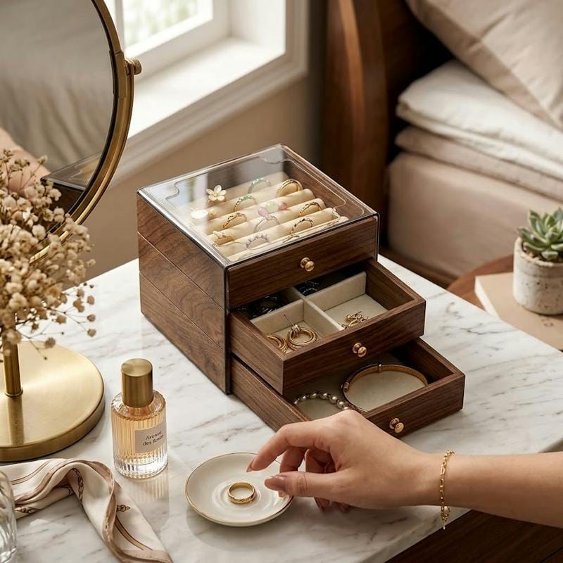 3-tier wooden jewellery storage box, 13 × 13 × 11.5cm, walnut finish with glass lid