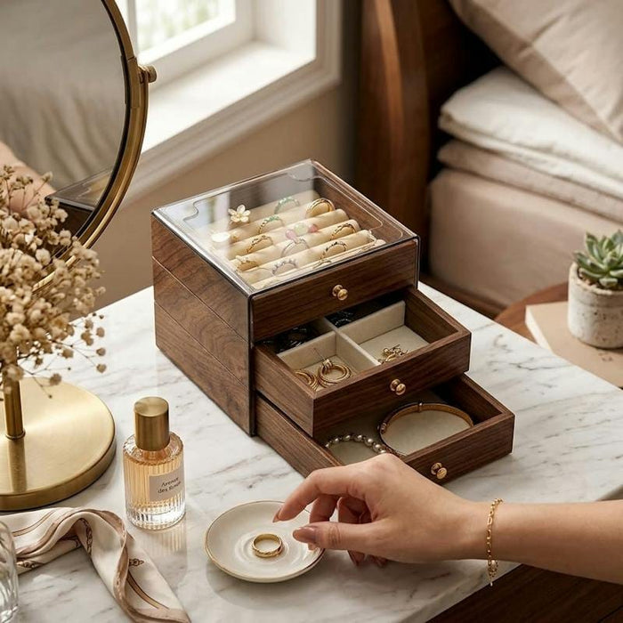 3-tier wooden jewellery storage box, 13 × 13 × 11.5cm, walnut finish with glass lid