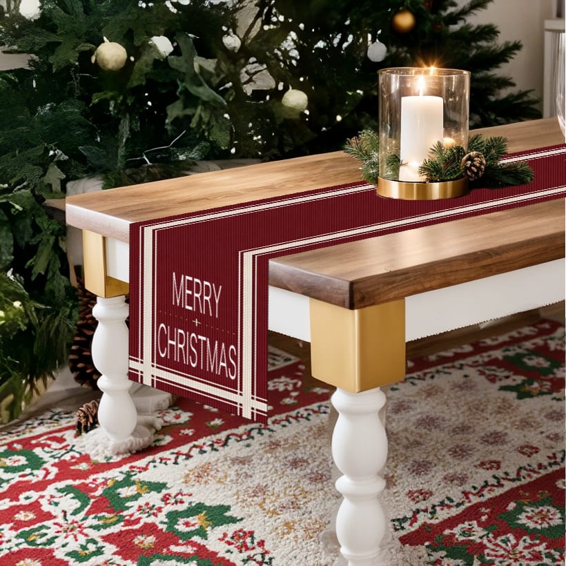 Merry Christmas Linen Table Runner for Festive Table Decor