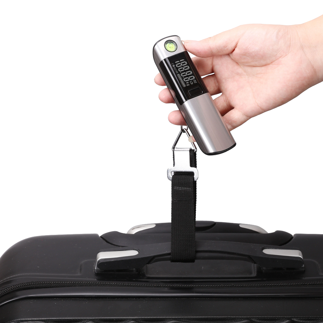 Gemelli Collections 2-in-1 portable digital luggage scale with tape measure handheld travel baggage weighing scale with built-in measuring tape for suitcase weight and luggage size checking.
