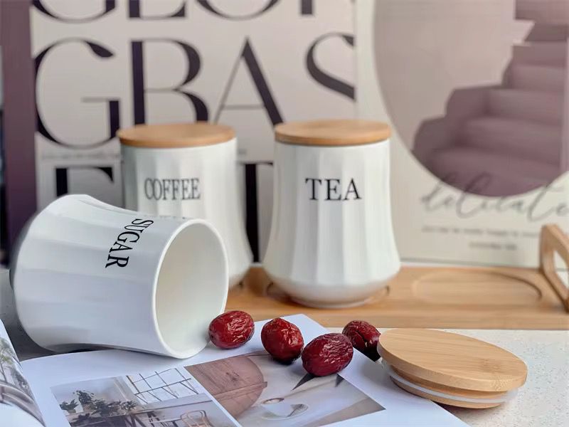 Ceramic Tea Coffee Sugar Canister Set with Bamboo Lid and Stand