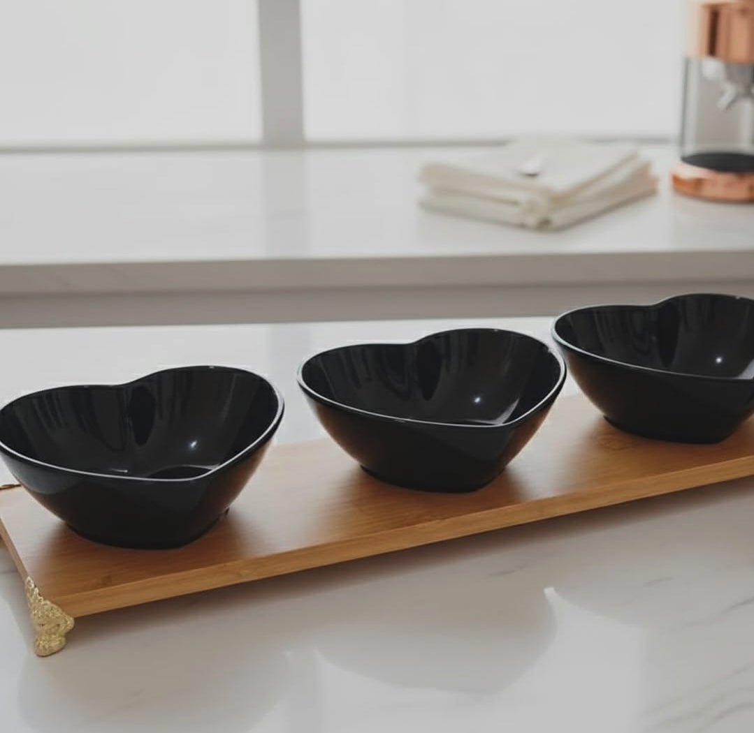 3 Piece Heart Shaped Ceramic Bowl Set with Bamboo Tray