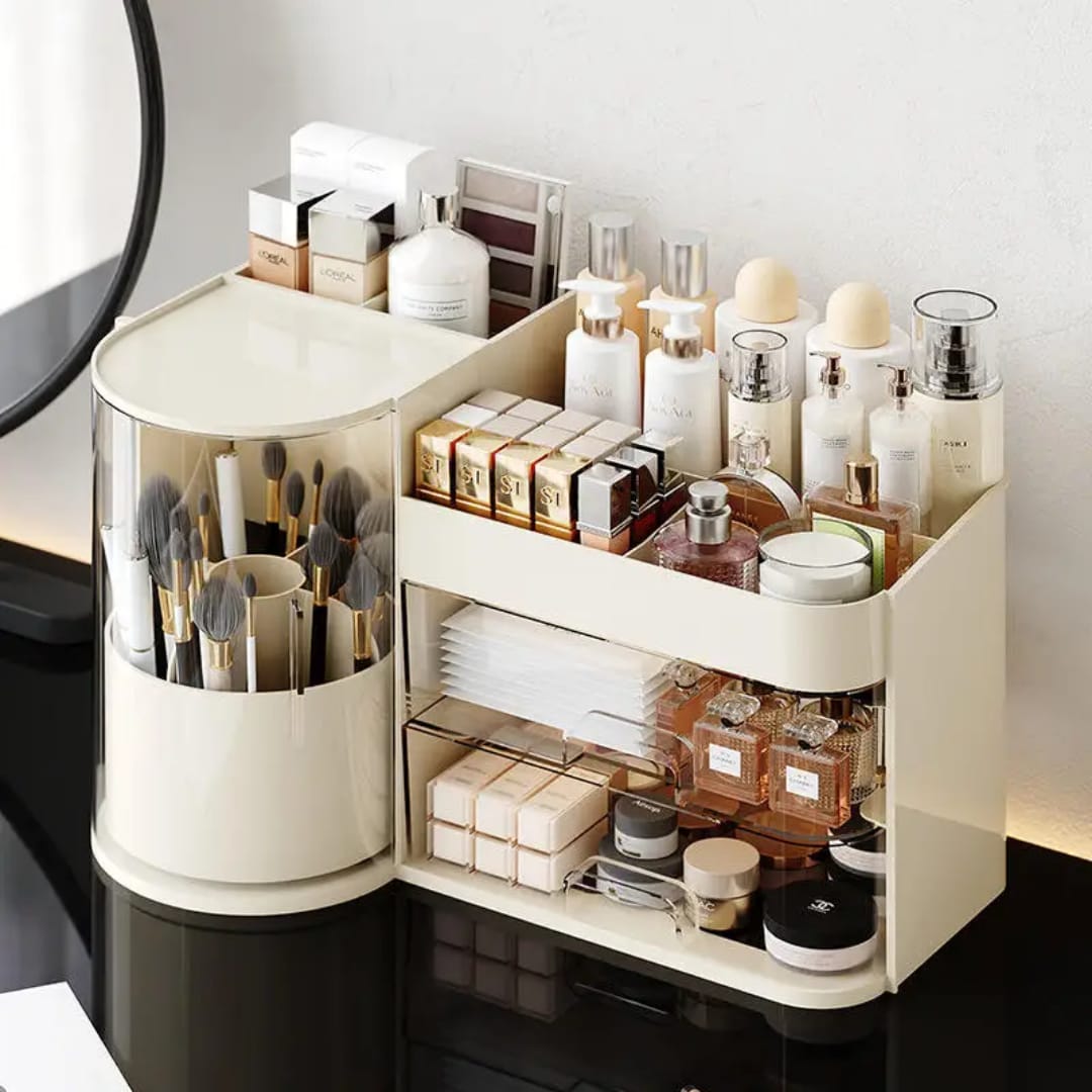 Cosmetic organiser rack with storage tray and rotating holder in cream and black for organising skincare products cosmetics perfumes and beauty accessories