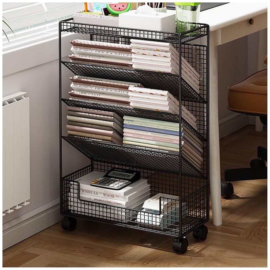 bookshelf stand with wheels and multiple storage shelves for organising books magazines files and home or office essentials
