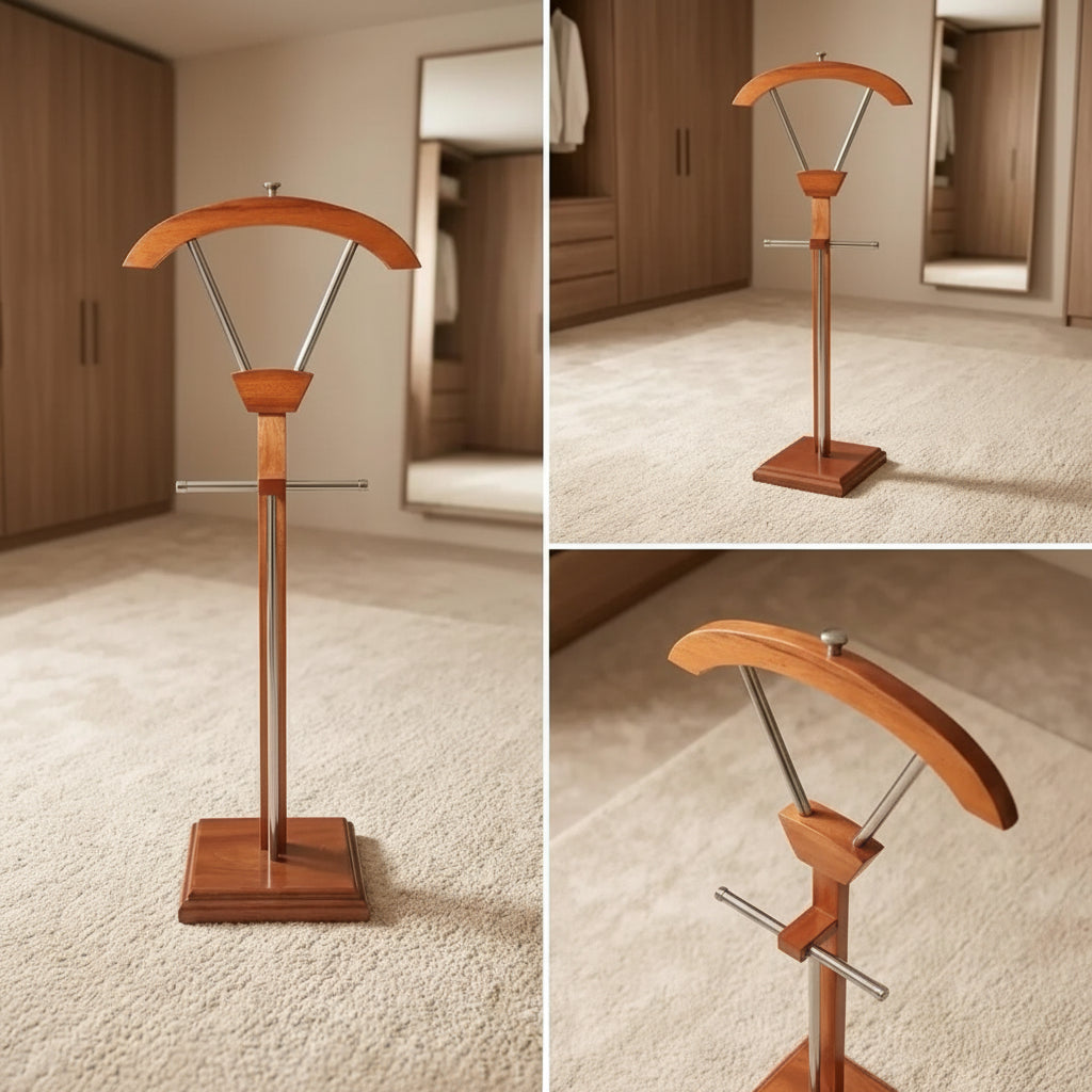 wooden valet stand with curved hanger top, chrome pants bar, and square wooden base for suits, jackets, and trousers.