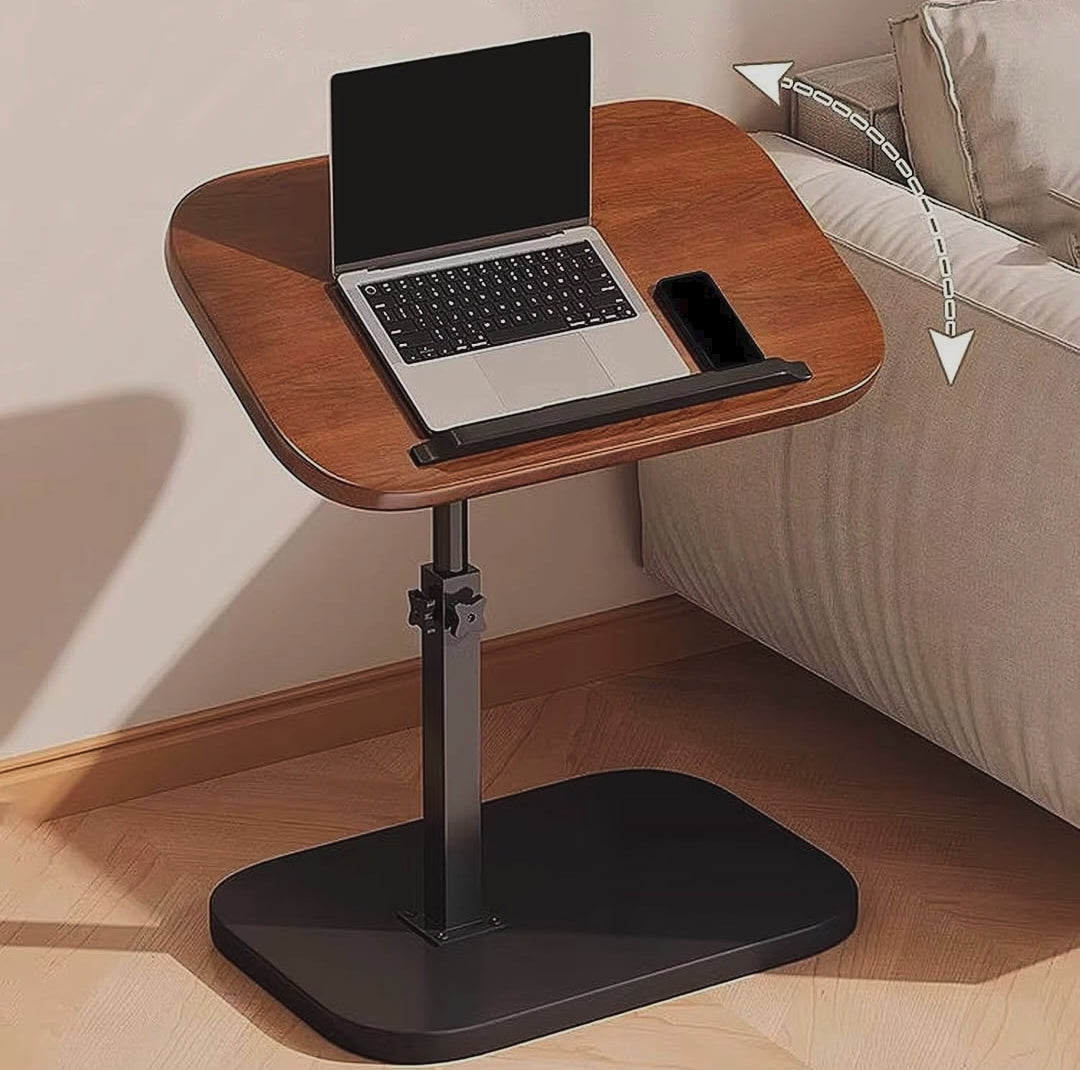 Adjustable and movable solid wooden laptop and coffee table with height adjustment for working, studying, reading, meals, and use beside sofas or beds