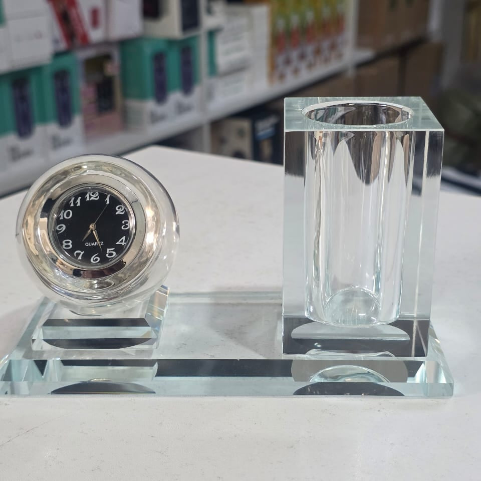 Crystal Glass Desktop Clock and Pen Holder Set