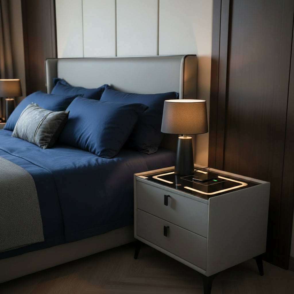Gray BS 7 nightstand with two drawers, wireless charging pad and LED border lighting