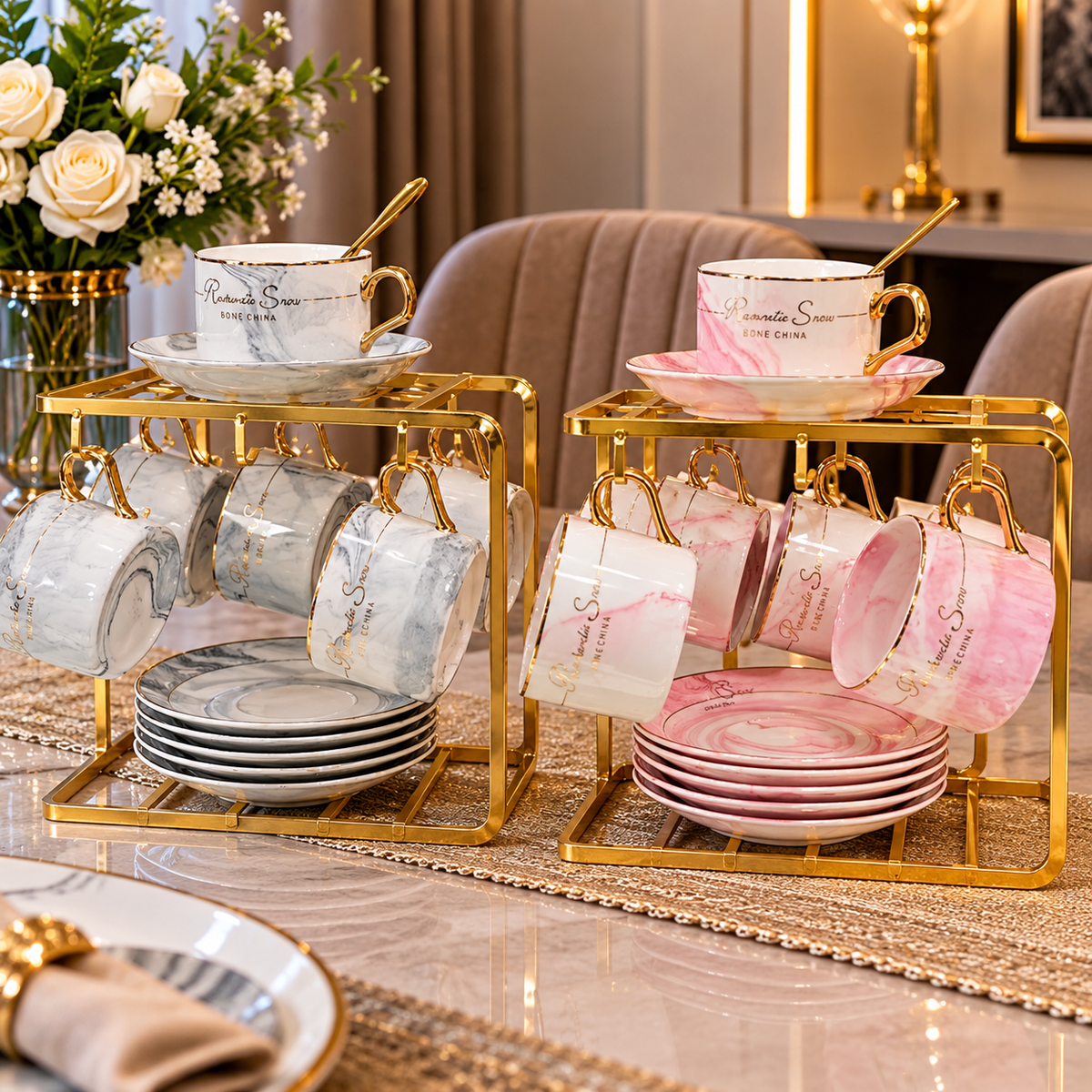 19-Piece Pink and Grey Marble Tea Set with Gold Rack