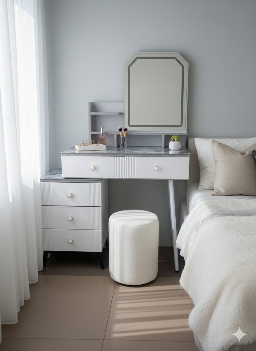 Makeup vanity with mirror and drawers for organized bedroom or dressing area use