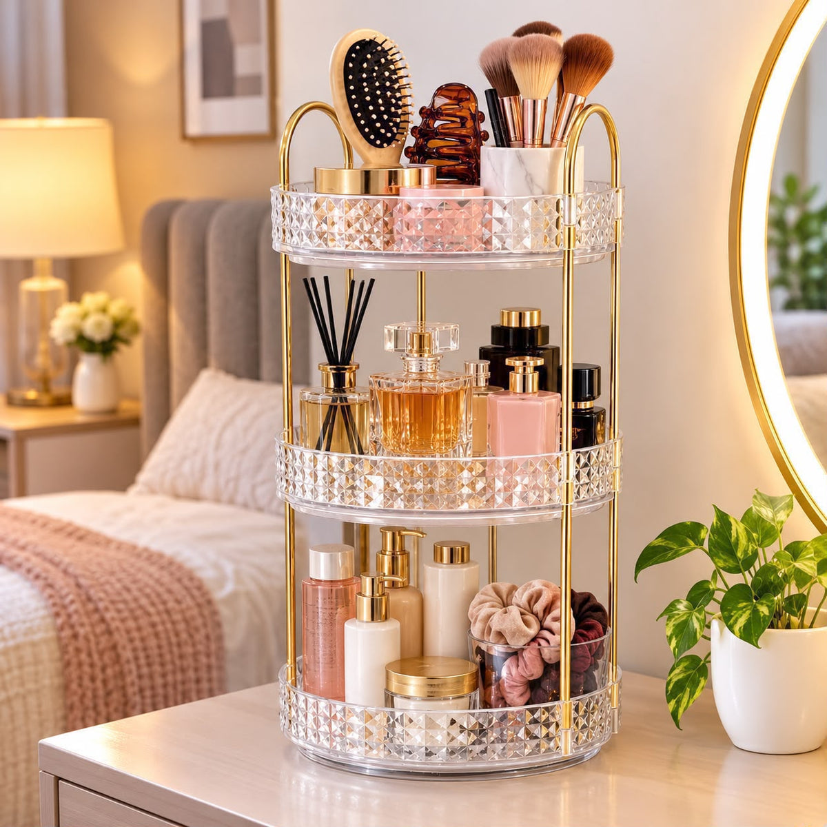 Gemelli Collections rotating acrylic jewellery organiser with multi layer stackable storage and 360 degree rotating base for storing necklaces earrings rings bracelets cosmetics and beauty accessories on dressing tables and bathroom counters