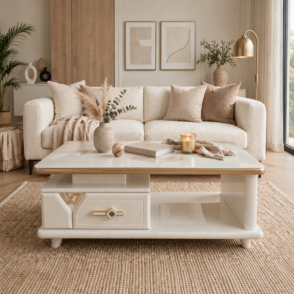 Coffee Table, White Beige Marble-Effect Top with Gold Trim and Storage -Gemelli Collection