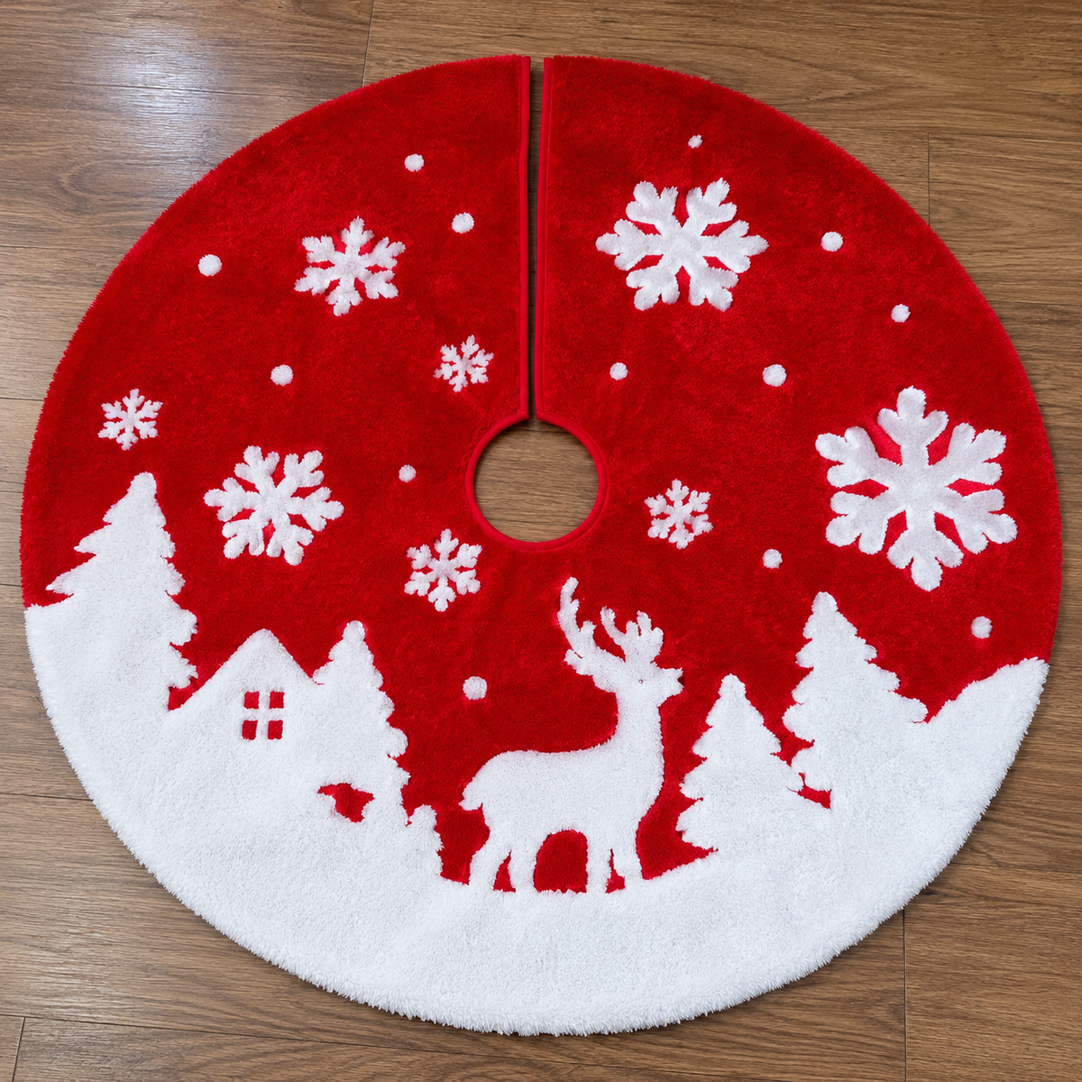 90 × 90cm Christmas Tree Skirt Red and White Snowflake Reindeer Design