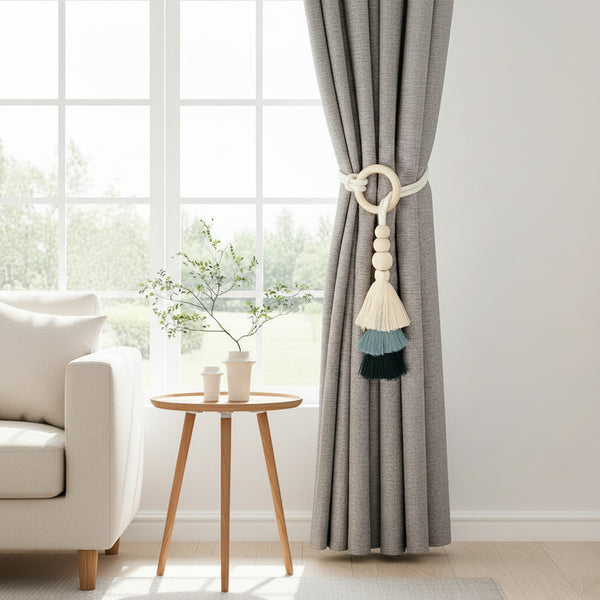 2 piece tassel curtain tie backs with decorative wooden beads.
