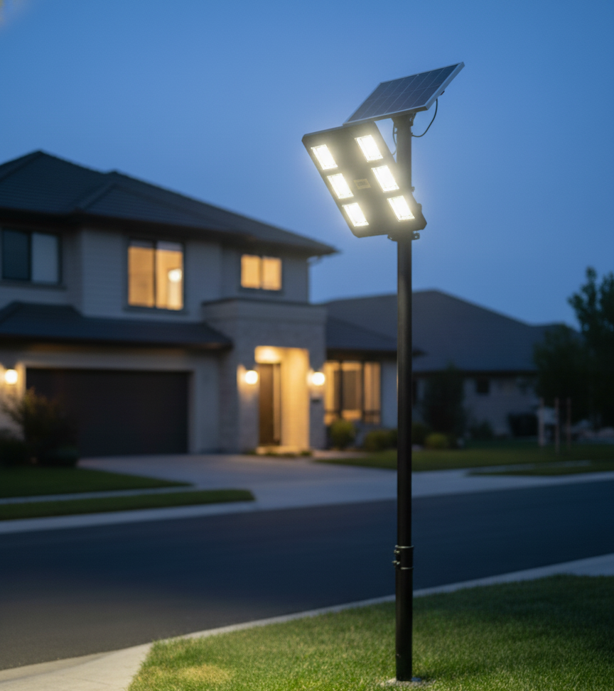 Gemelli Collections solar street lamp – bright, energy-efficient outdoor LED light with automatic dusk-to-dawn sensor.