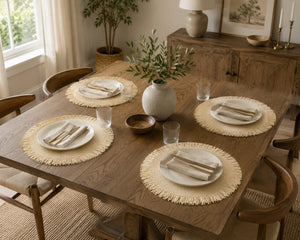 Set of 6 round non-slip woven paper placemats for restaurant and home dining tables, available in dark brown and beige