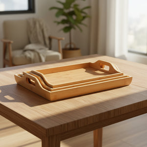 3 piece bamboo serving tray set in different sizes with optional gold handles.