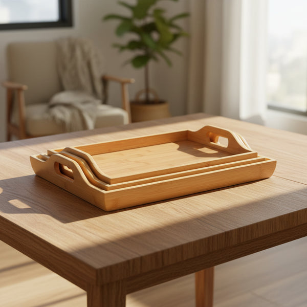 3 piece bamboo serving tray set in different sizes with optional gold handles.