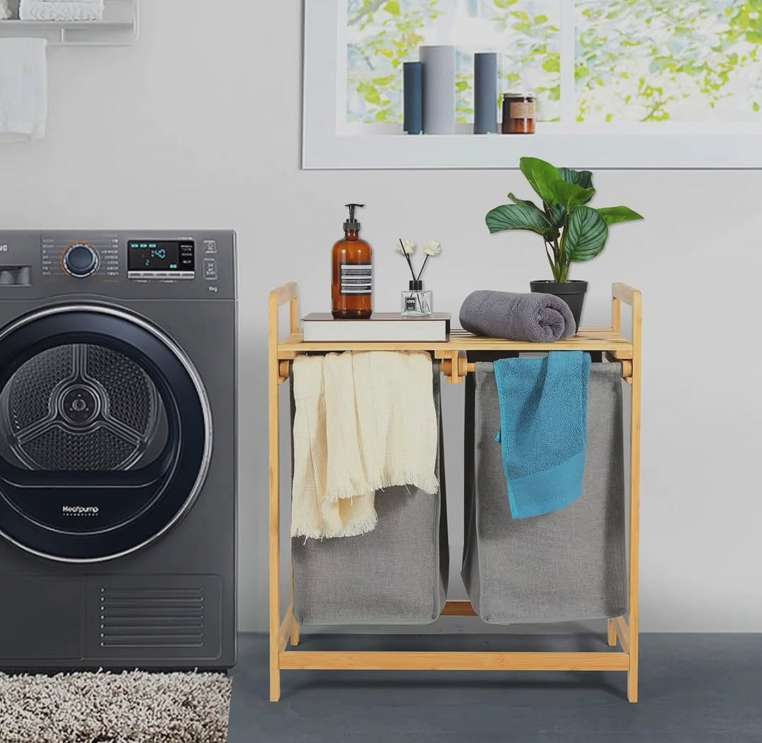 Freestanding Bamboo Laundry Hamper with Storage Shelf