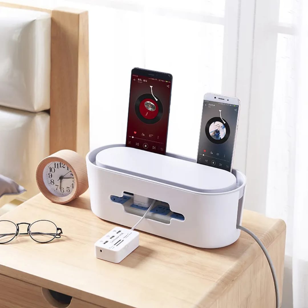 Gemelli Colllection electrical cable organizer ABS cable management box 32x13x11.5cm cable storage box white grey extension cord organiser ventilated cable hide box home office wire management solution modern cable storage container