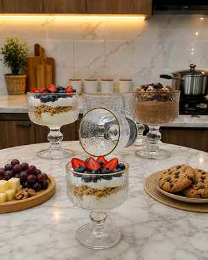Set of 6 flower dessert bowls with pedestal base and 215ml capacity for serving desserts ice cream jelly fruit and cold beverages.