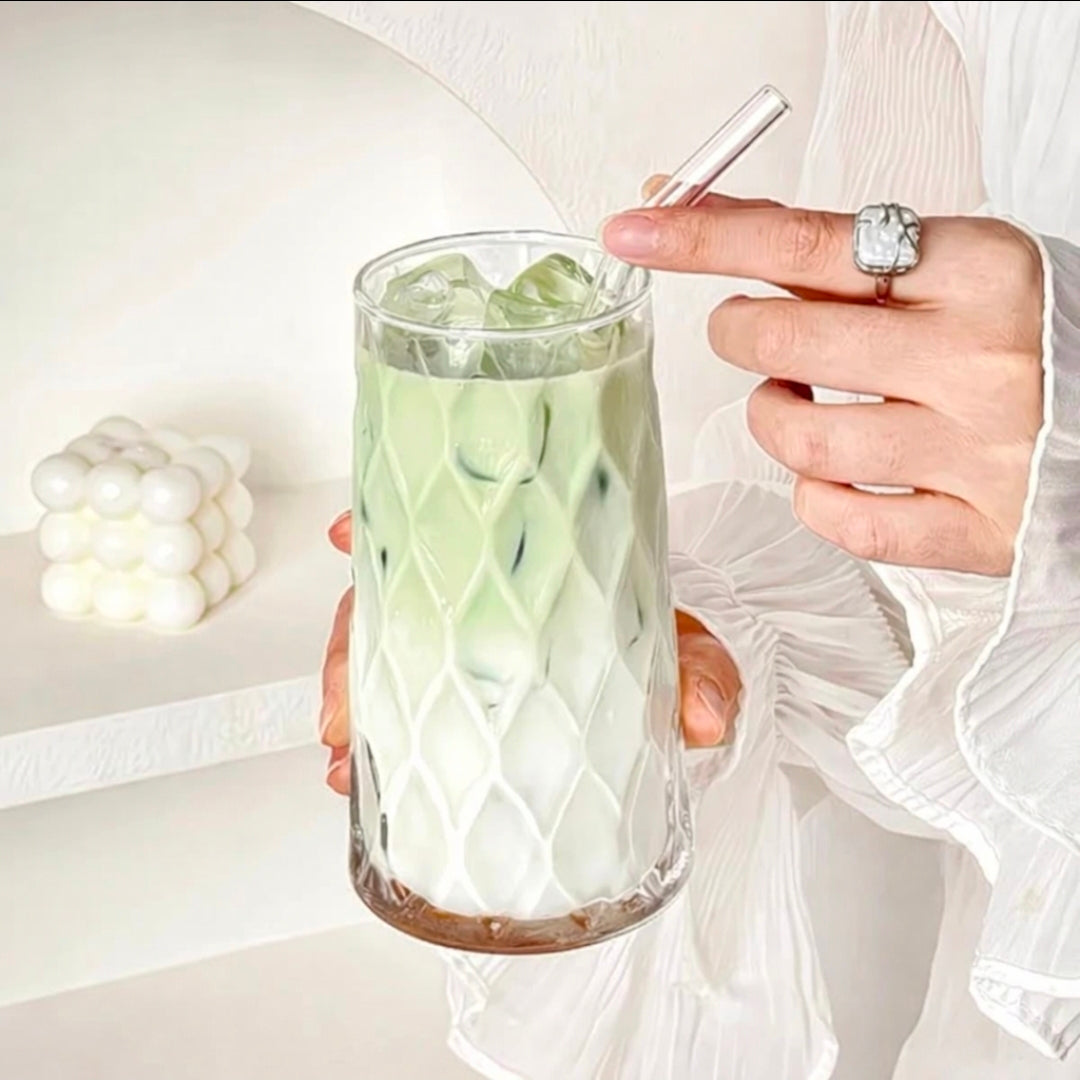6-piece diamond rhombus glass cup set textured drinking glasses for iced coffee juice whiskey beer hot and cold beverages home bar restaurant tableware.