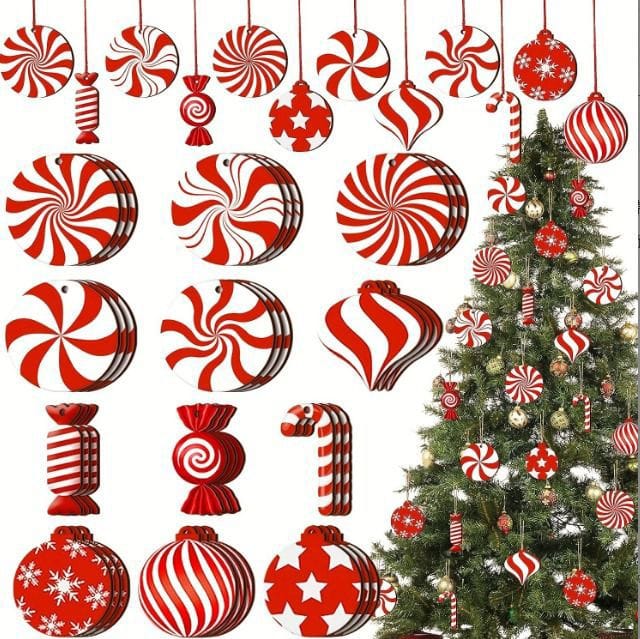 12-Piece Wooden Red Candy Cane Christmas Tree Decorations