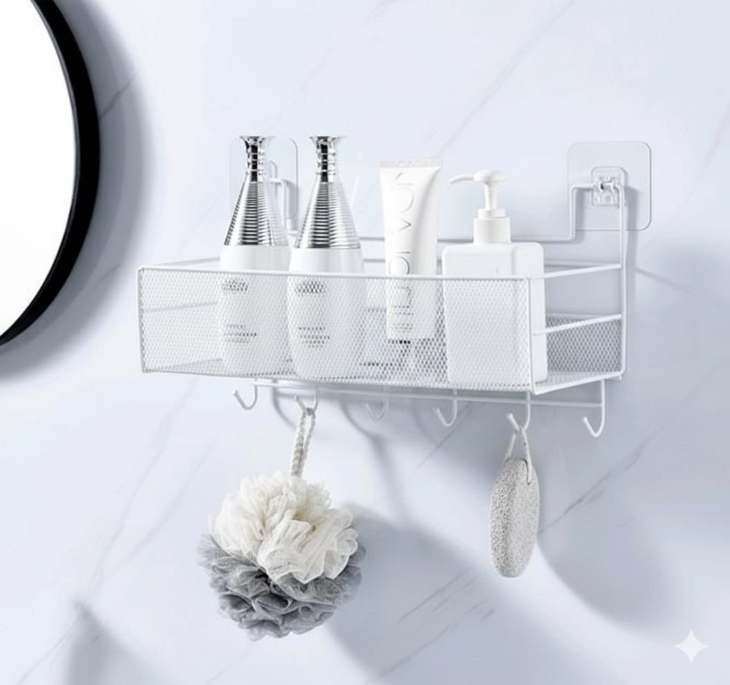 Wall-Mounted Bathroom Shelf with Hooks