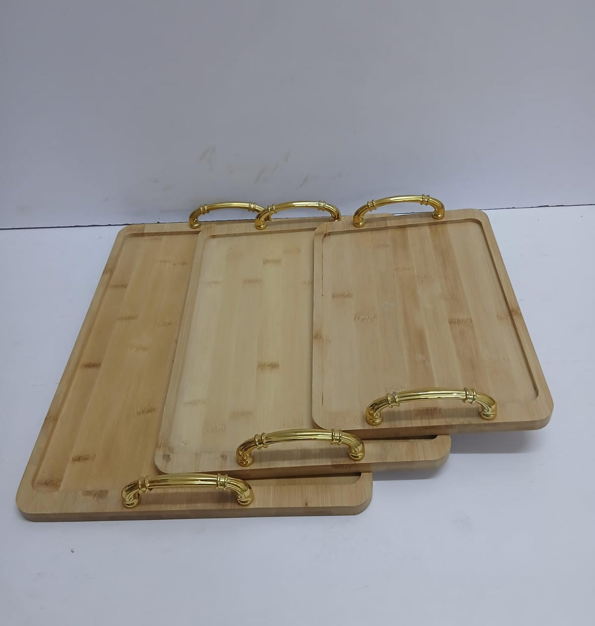 3-in-1 Bamboo Serving Tray Set with Gold Handles