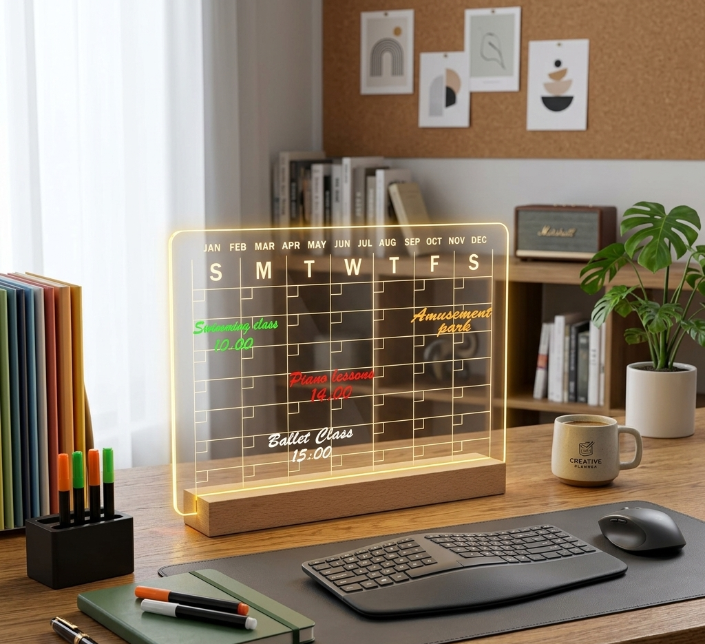 Gemelli Colllection acrylic monthly desktop calendar with LED lights reusable planner board clear desk calendar with pens eraser and holder modern office study workspace organiser monthly planning board with lighting