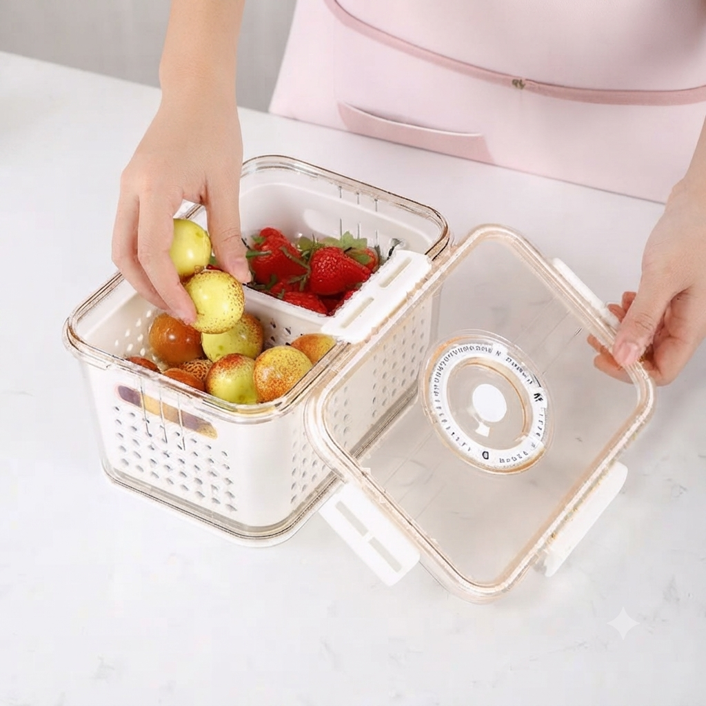 3 piece airtight fridge vegetable and fruit storage box set with drain basket compartments PET food storage containers 5.5L 2.3L and 0.6L refrigerator organisers for fruits vegetables salads meal prep and fresh food storage