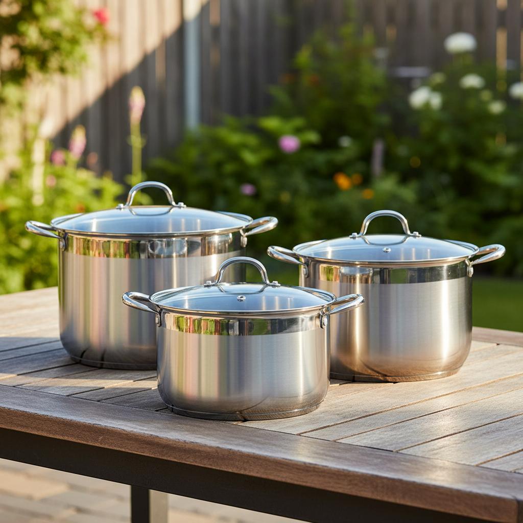 Three silver stainless steel stockpots in sizes 36cm, 38cm, and 40cm with capacities 20L, 23L, and 27L.