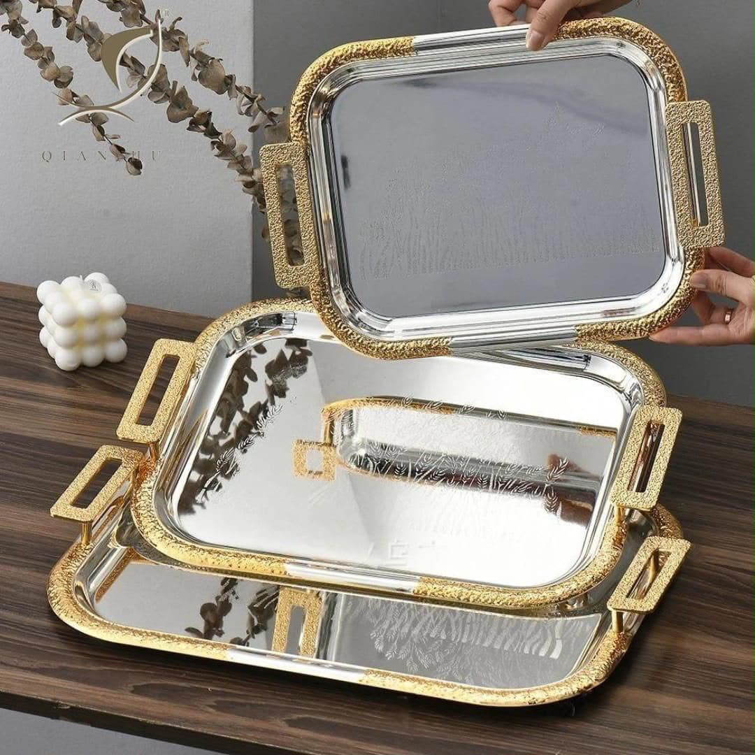 3 piece rectangular stainless steel luxury serving tray set with gold coated handles premium polished trays in 44x34cm 38x30cm and 31x25cm