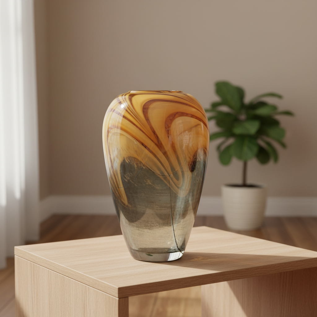 Handblown Amber Swirl Glass vase with caramel, brown, and smoke grey patterns