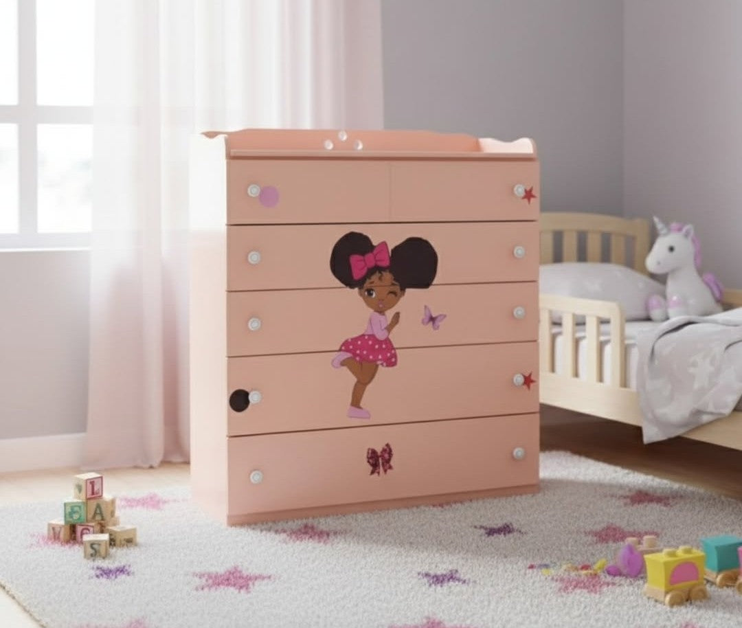 Children's dresser with cartoon character design in a room with toys and a crib.