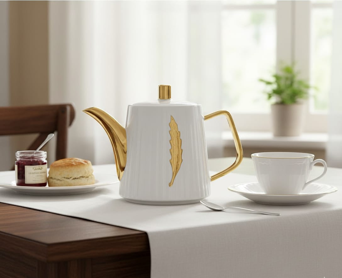 Gemelli Colllection gold line ceramic kettle 1000ml elegant tea coffee kettle white ceramic jug gold detail hot water kettle serving pot modern kitchen drinkware decorative kettle