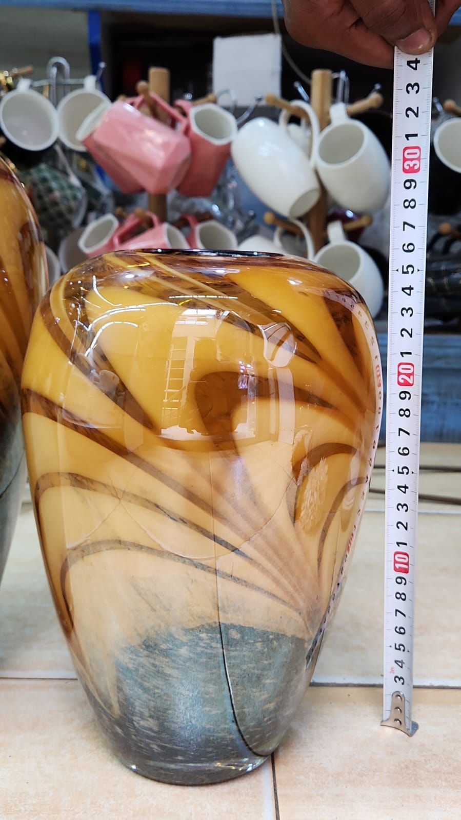Handblown Amber Swirl Glass vase with caramel, brown, and smoke grey patterns