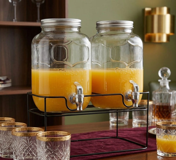 Gemelli Colllection 10 litre double glass juice dispenser dual beverage serving station 2 in 1 drink dispenser 5 litre jars party event restaurant hotel beverage server glass drink dispenser