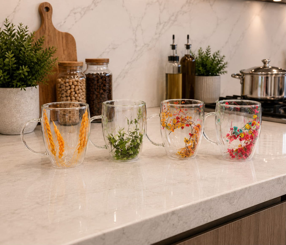 double-wall borosilicate glass mug with pressed floral design 350ml heat resistant transparent insulated glass cup for tea coffee hot chocolate herbal tea and everyday beverage serving.