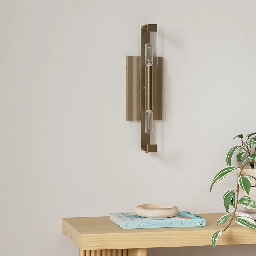 Geometric brass wall sconce with dual exposed bulbs and clear acrylic rod modern vertical wall lighting fixture for bedrooms and hallways