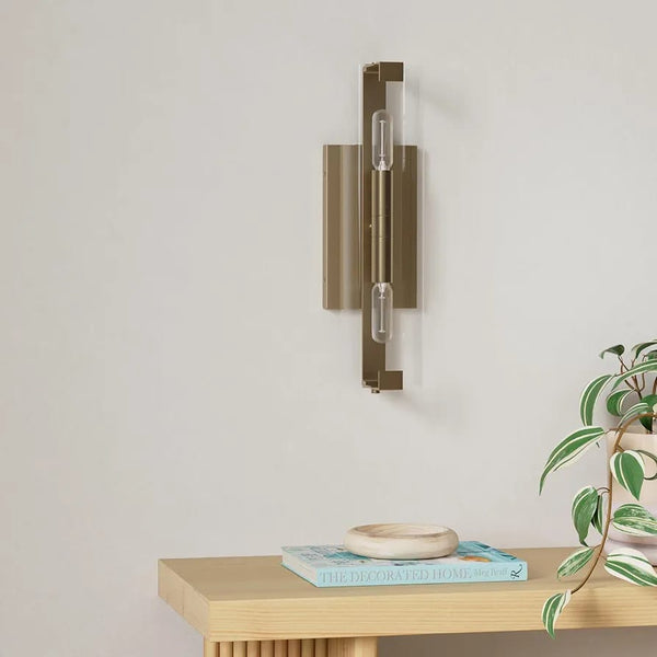 Geometric brass wall sconce with dual exposed bulbs and clear acrylic rod modern vertical wall lighting fixture for bedrooms and hallways