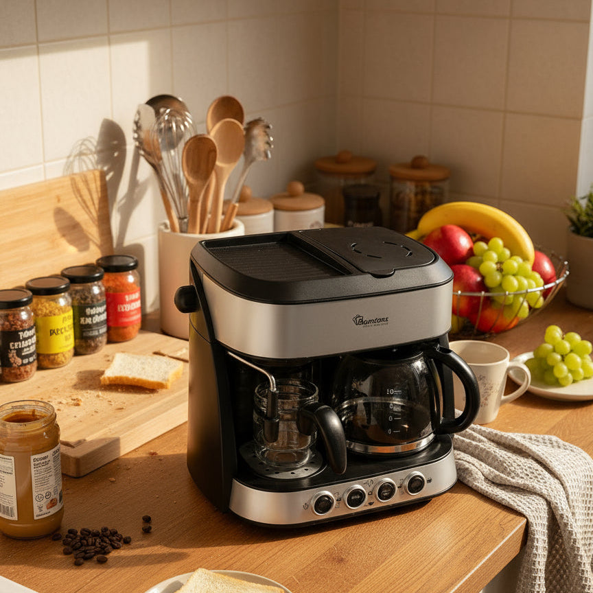 Cappuccino maker RM/753 with frother, dual thermostats, and 1.25L water tank for professional use.
