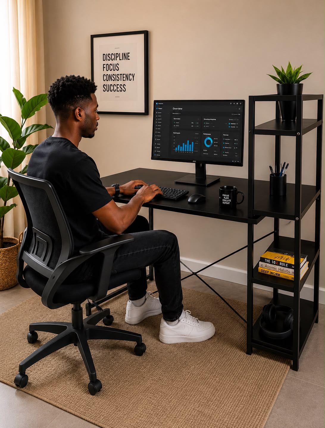 Large ergonomic workstation desk with built in shelves and black metal frame measuring 60x120x70cm for home offices study rooms and workspaces.