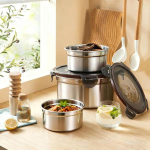 3-piece leakproof lunch box set made from 304 stainless steel for meal preparation, food storage, school lunches, office meals, and travel use