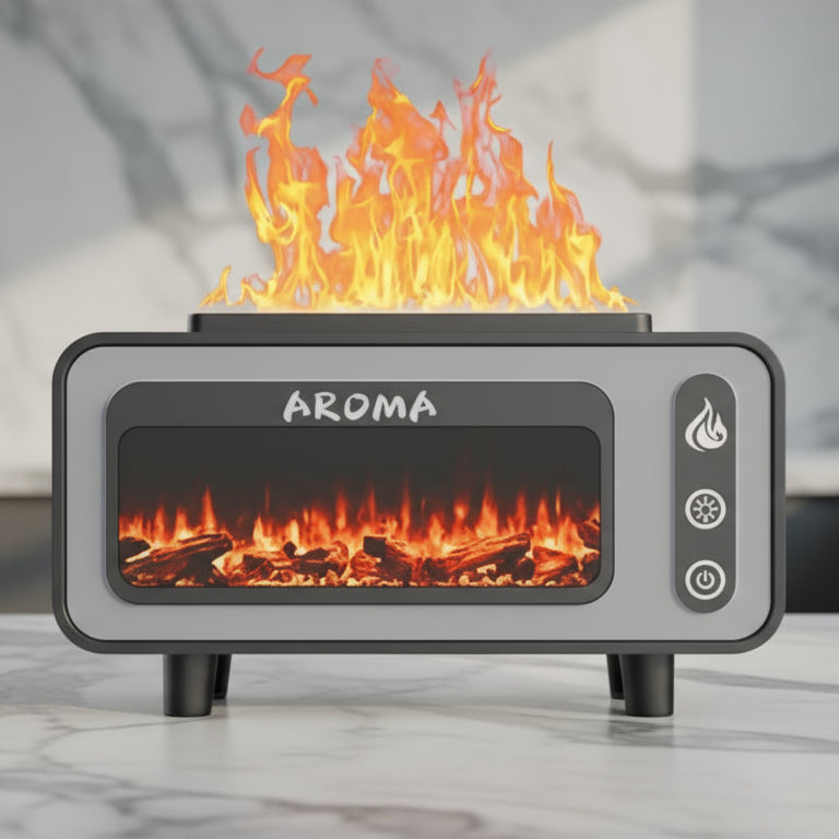 Gemelli Collection vintage radio-style fireplace aroma diffuser with LED flame effect