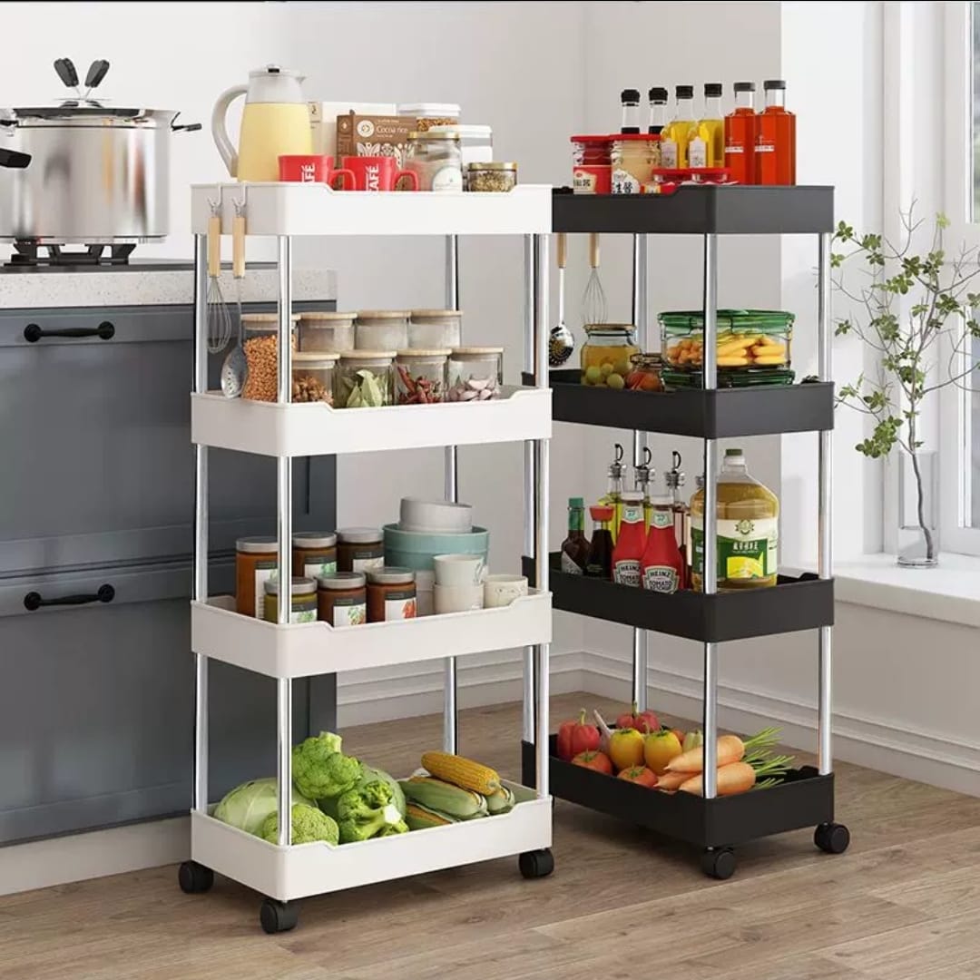 4-Layer Storage Rack with Wheels – White Rolling Organizer for Vegetables, Bathroom Essentials, Pantry Items, and Household Storage