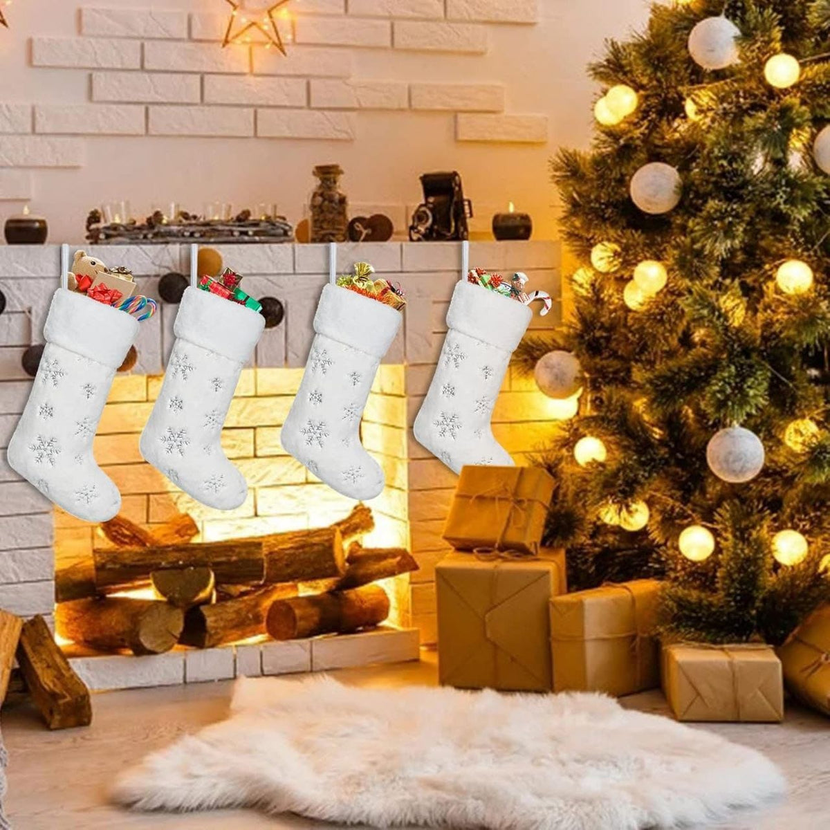 4-Pack White Faux Fur Christmas Stockings with Silver Sequin Snowflakes